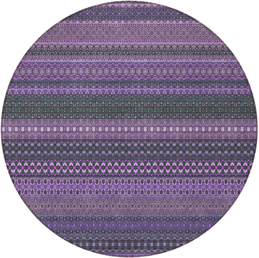 8' Round Purple Round Striped Washable Non Skid Indoor Outdoor Area Rug Photo 4