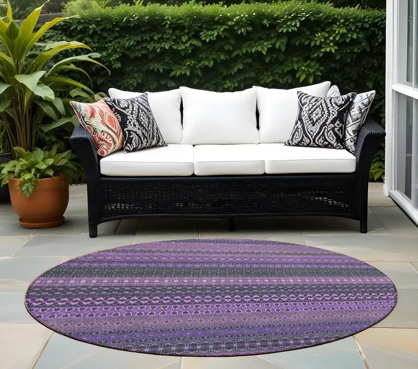 8' Round Purple Round Striped Washable Non Skid Indoor Outdoor Area Rug Photo 1