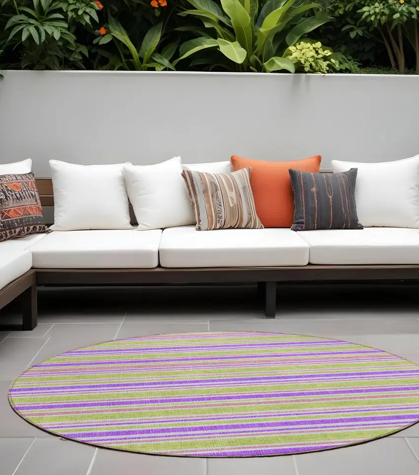 Purple Green and Pink Round Striped Washable Non Skid Indoor Outdoor Area Rug Photo 1