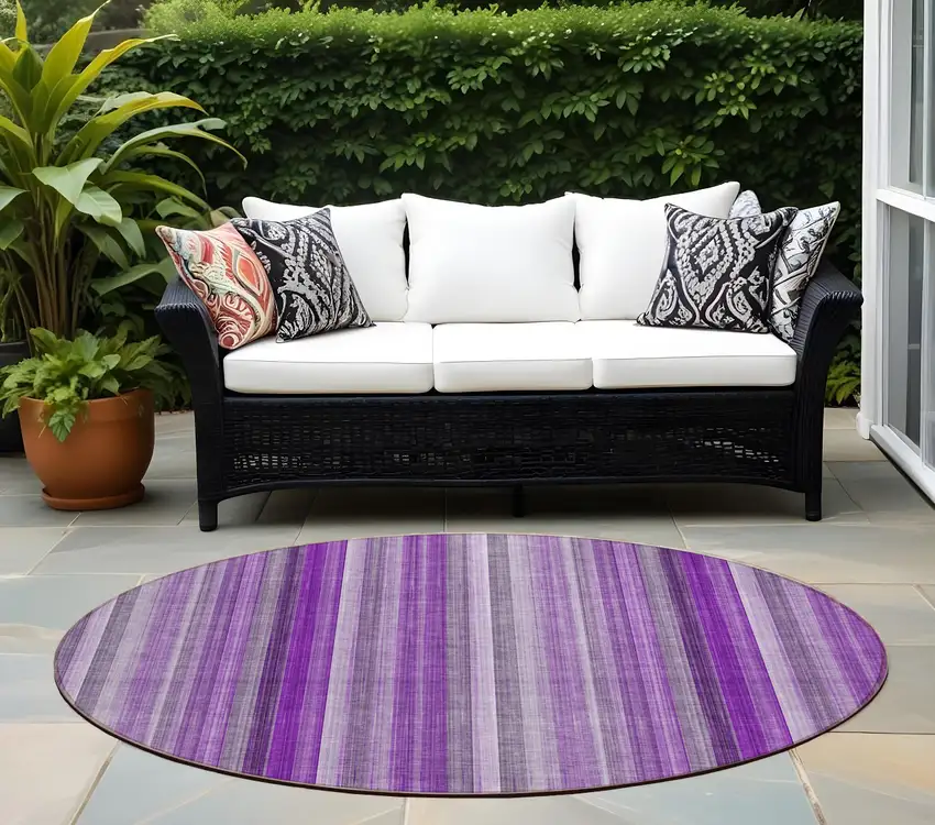 8' Round Purple Round Striped Washable Non Skid Indoor Outdoor Area Rug Photo 1