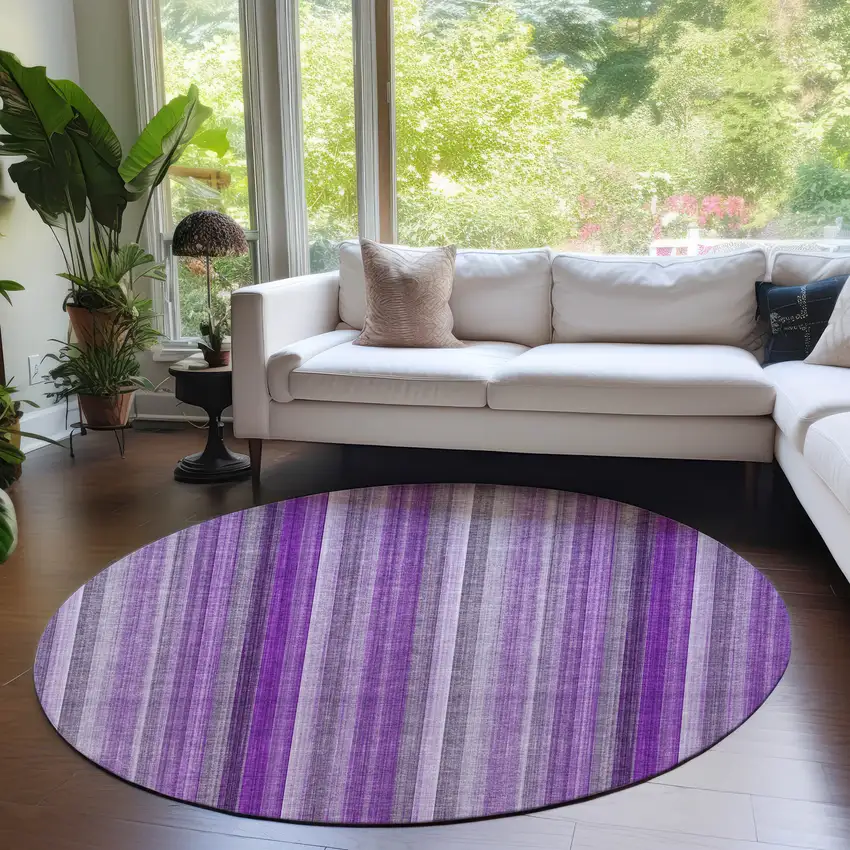 Purple Round Striped Washable Non Skid Indoor Outdoor Area Rug Photo 9