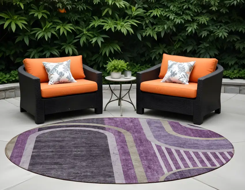 Purple and Black Round Abstract Washable Indoor Outdoor Area Rug Photo 1