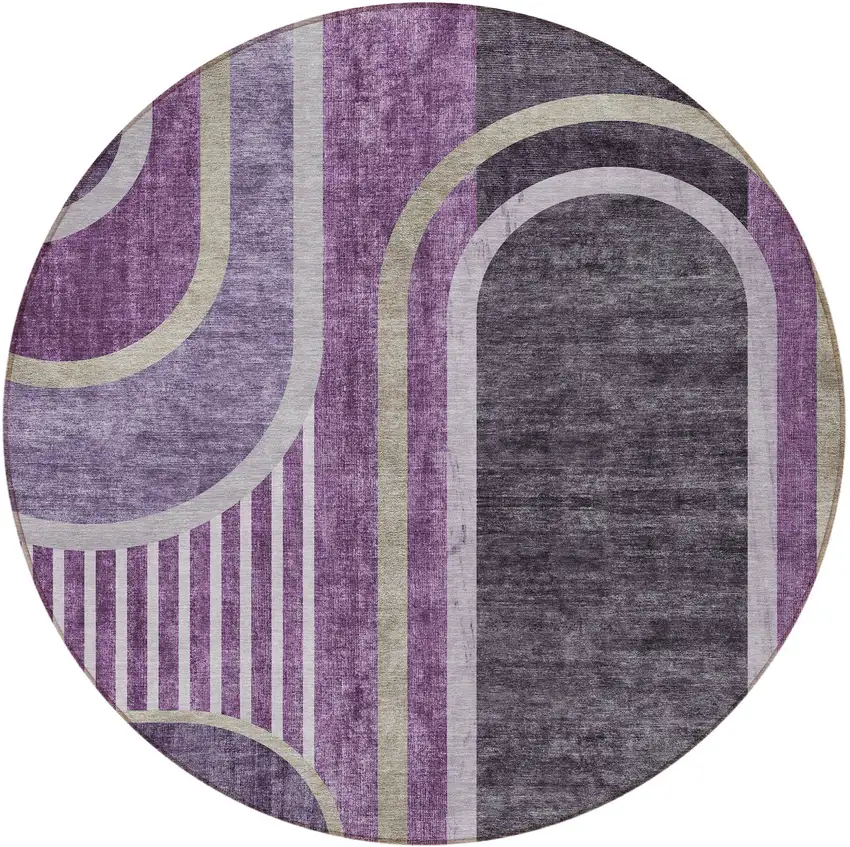 8' Round Purple and Black Round Abstract Washable Non Skid Indoor Outdoor Area Rug Photo 2