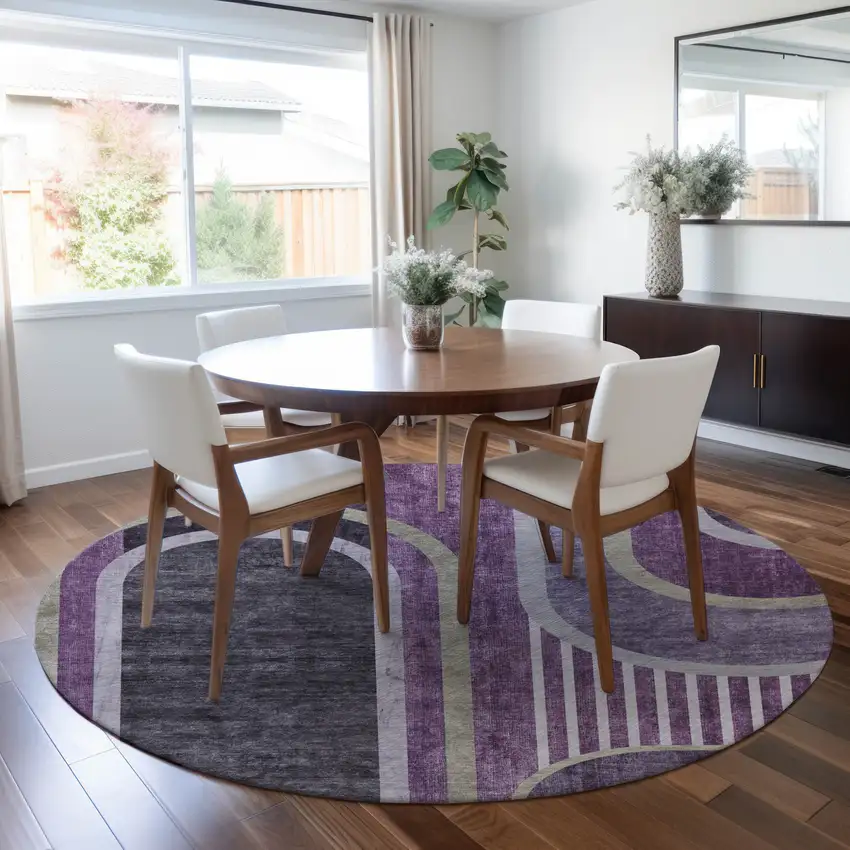 Purple and Black Round Abstract Washable Indoor Outdoor Area Rug Photo 7