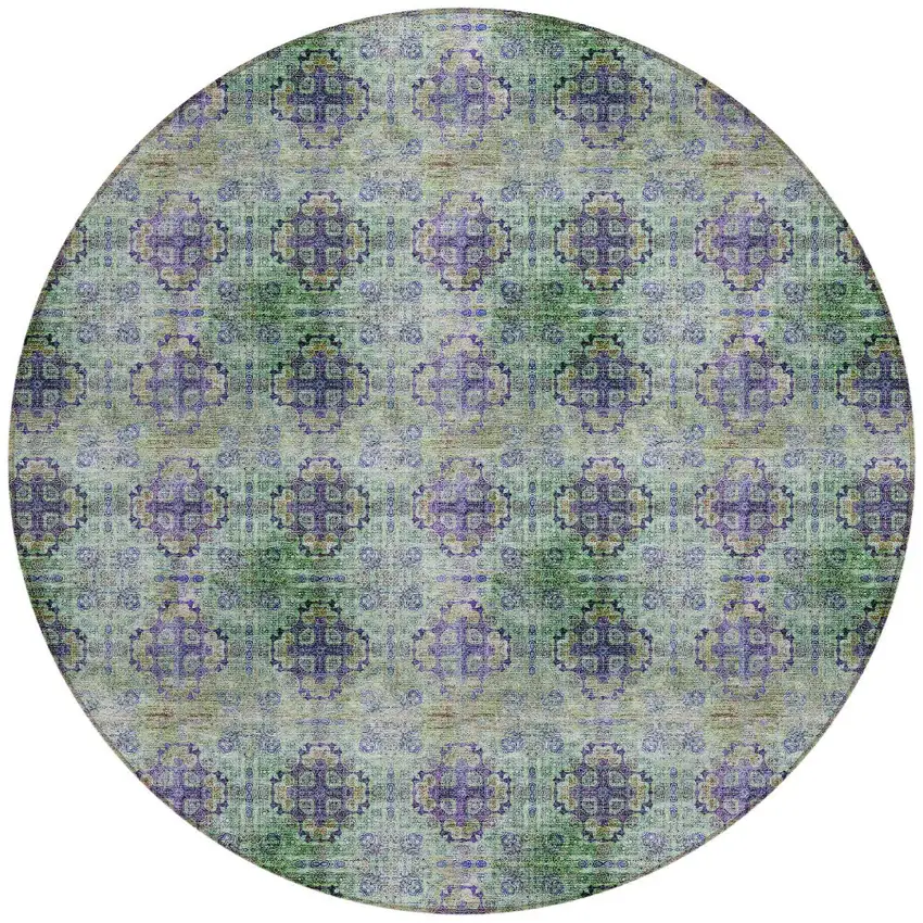 Purple and Green Round Floral Medallion Washable Non Skid Indoor Outdoor Area Rug Photo 5