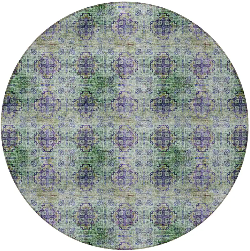 Purple and Green Round Floral Medallion Washable Non Skid Indoor Outdoor Area Rug Photo 6