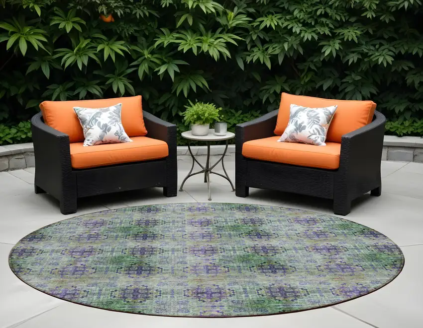 Purple and Green Round Floral Medallion Washable Non Skid Indoor Outdoor Area Rug Photo 1