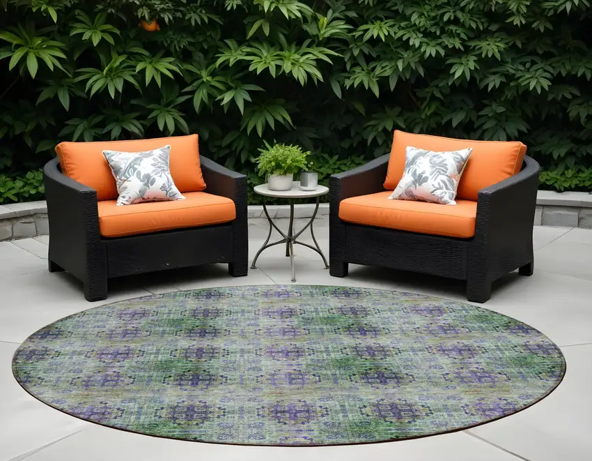Purple and Green Round Floral Medallion Washable Non Skid Indoor Outdoor Area Rug Photo 1