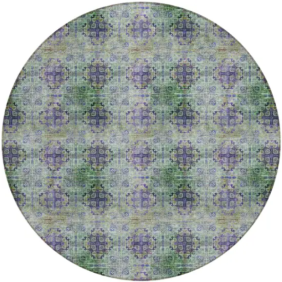 Purple and Green Round Floral Medallion Washable Non Skid Indoor Outdoor Area Rug Photo 1