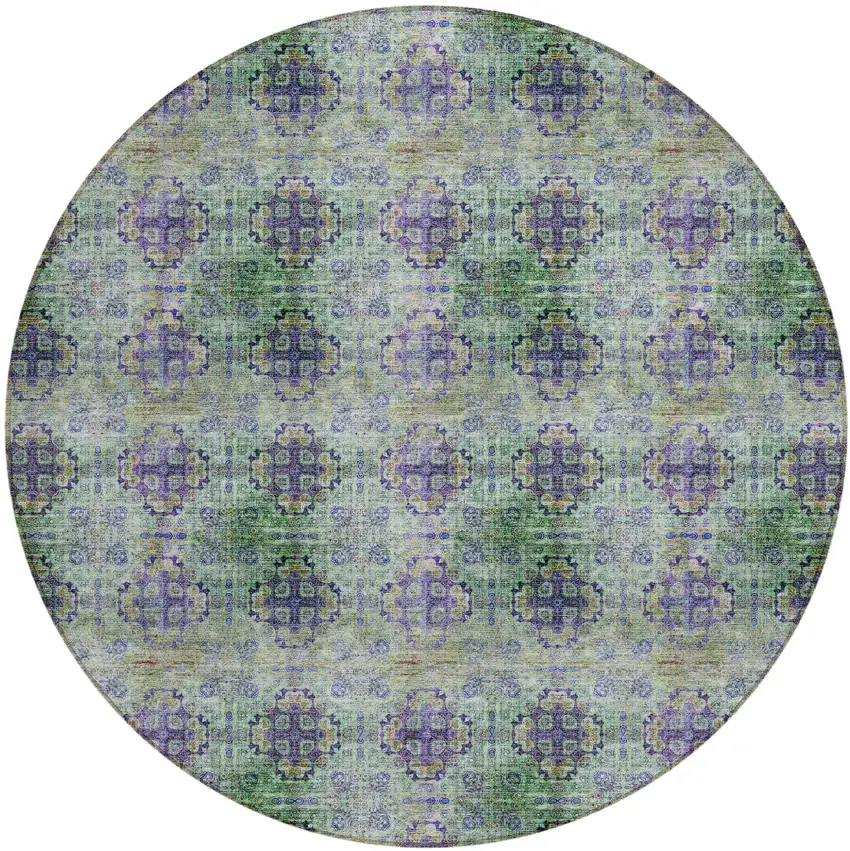 Purple and Green Round Floral Medallion Washable Non Skid Indoor Outdoor Area Rug Photo 1