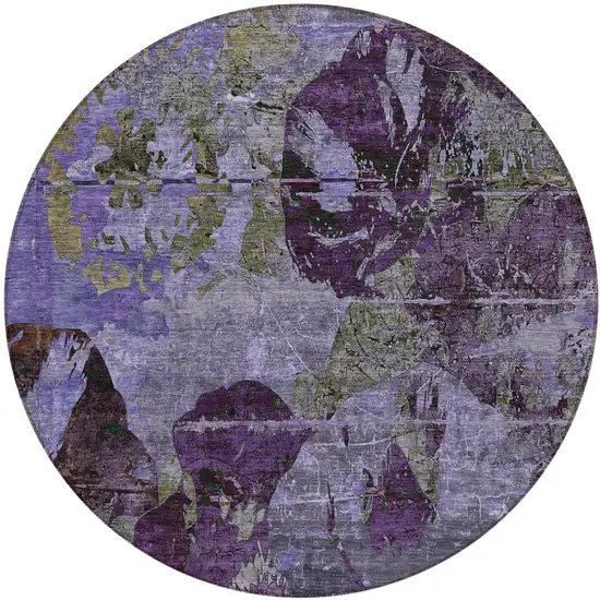 8' Round Purple and Green Round Floral Washable Non Skid Indoor Outdoor Area Rug Photo 2