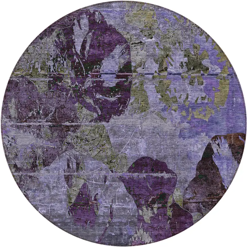 8' Round Purple and Green Round Floral Washable Non Skid Indoor Outdoor Area Rug Photo 4