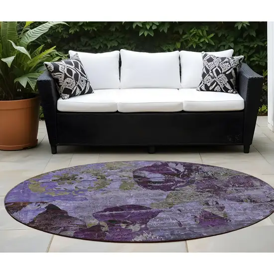 Purple and Green Round Floral Washable Non Skid Indoor Outdoor Area Rug Photo 1