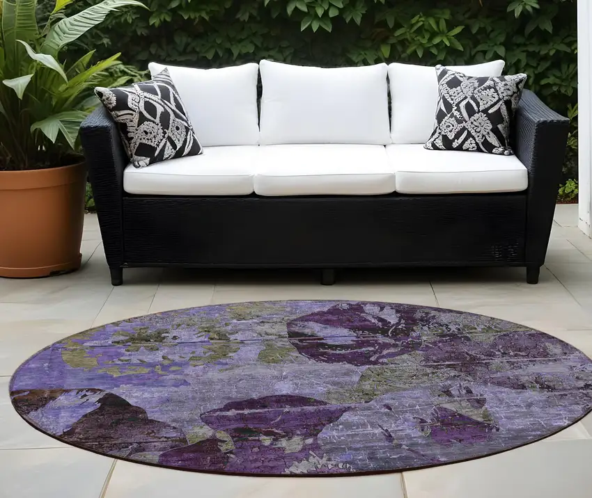 Purple and Green Round Floral Washable Non Skid Indoor Outdoor Area Rug Photo 1