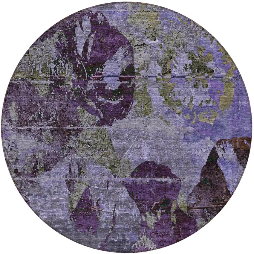 Purple and Green Round Floral Washable Non Skid Indoor Outdoor Area Rug Photo 5