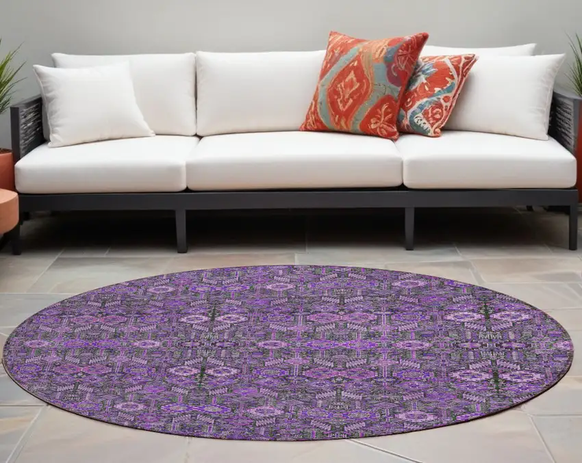 Purple and Green Round Floral Washable Non Skid Indoor Outdoor Area Rug Photo 1