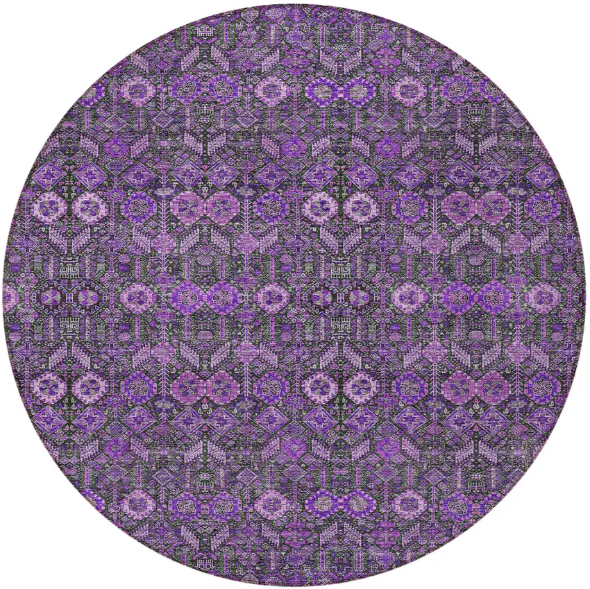 Purple and Green Round Floral Washable Non Skid Indoor Outdoor Area Rug Photo 4