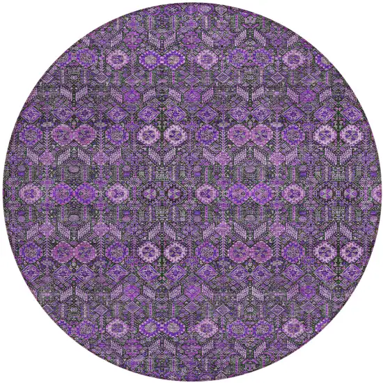 8' Round Purple and Green Round Floral Washable Non Skid Indoor Outdoor Area Rug Photo 2