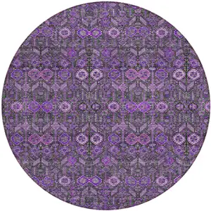 Photo of 8' Round Purple and Green Round Floral Washable Non Skid Indoor Outdoor Area Rug