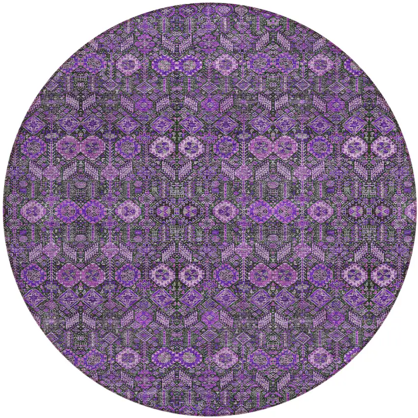 8' Round Purple and Green Round Floral Washable Non Skid Indoor Outdoor Area Rug Photo 2