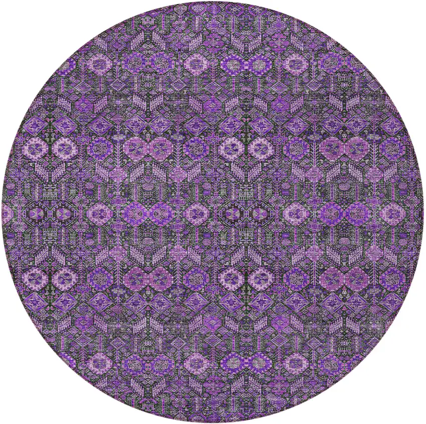 8' Round Purple and Green Round Floral Washable Non Skid Indoor Outdoor Area Rug Photo 5