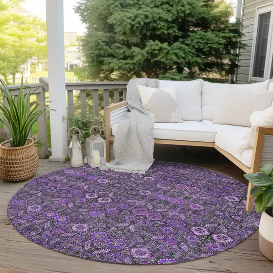 Purple and Green Round Floral Washable Non Skid Indoor Outdoor Area Rug Photo 8