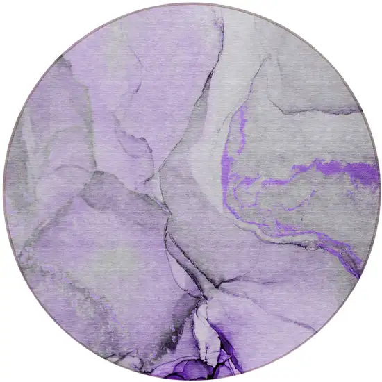 8' Round Purple and Ivory Round Abstract Washable Non Skid Indoor Outdoor Area Rug Photo 2