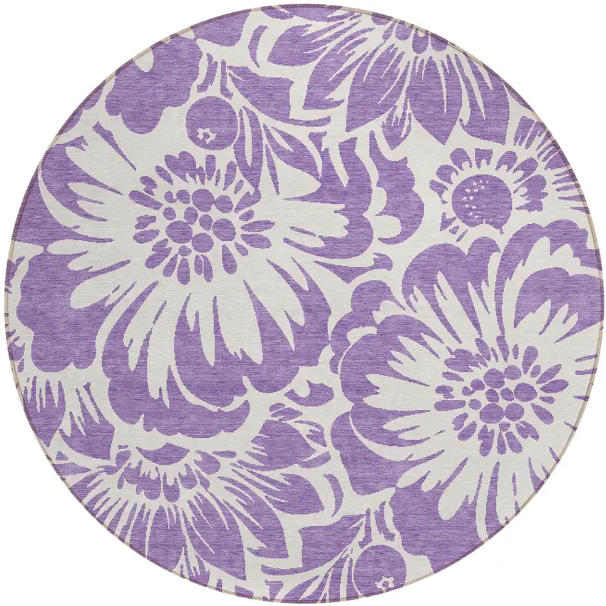 Purple and Ivory Round Floral Washable Non Skid Indoor Outdoor Area Rug Photo 2