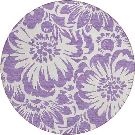 Purple and Ivory Round Floral Washable Non Skid Indoor Outdoor Area Rug Photo 2