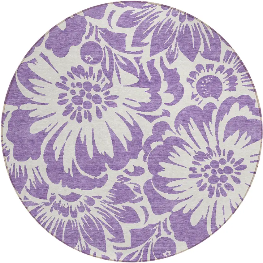 Purple and Ivory Round Floral Washable Non Skid Indoor Outdoor Area Rug Photo 2