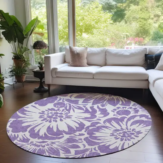 8' Round Purple and Ivory Round Floral Washable Non Skid Indoor Outdoor Area Rug Photo 7
