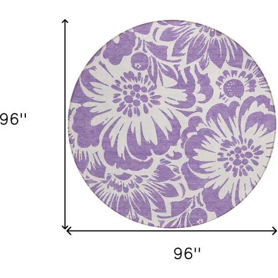 8' Round Purple and Ivory Round Floral Washable Non Skid Indoor Outdoor Area Rug Photo 8