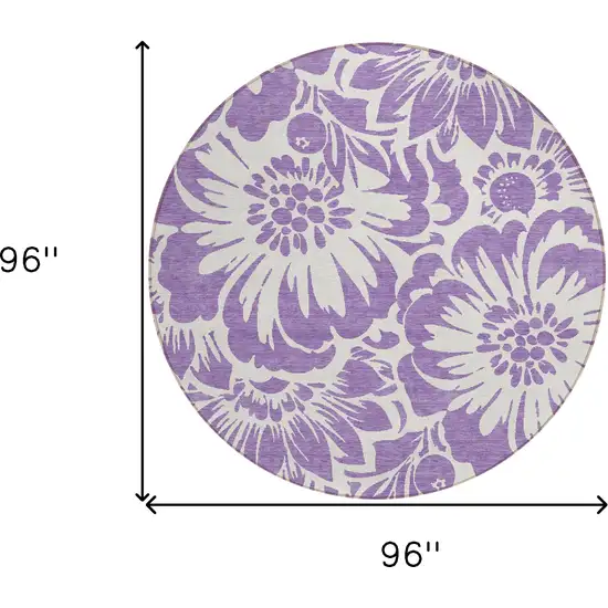 8' Round Purple and Ivory Round Floral Washable Non Skid Indoor Outdoor Area Rug Photo 8