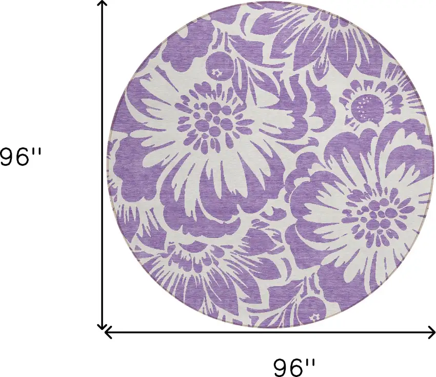 8' Round Purple and Ivory Round Floral Washable Non Skid Indoor Outdoor Area Rug Photo 8