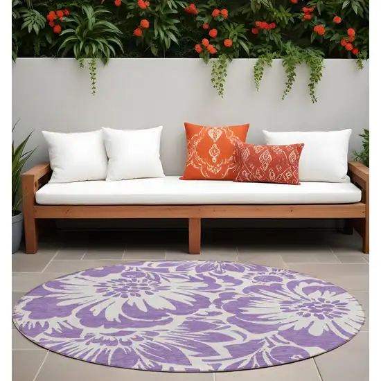 Purple and Ivory Round Floral Washable Non Skid Indoor Outdoor Area Rug Photo 1