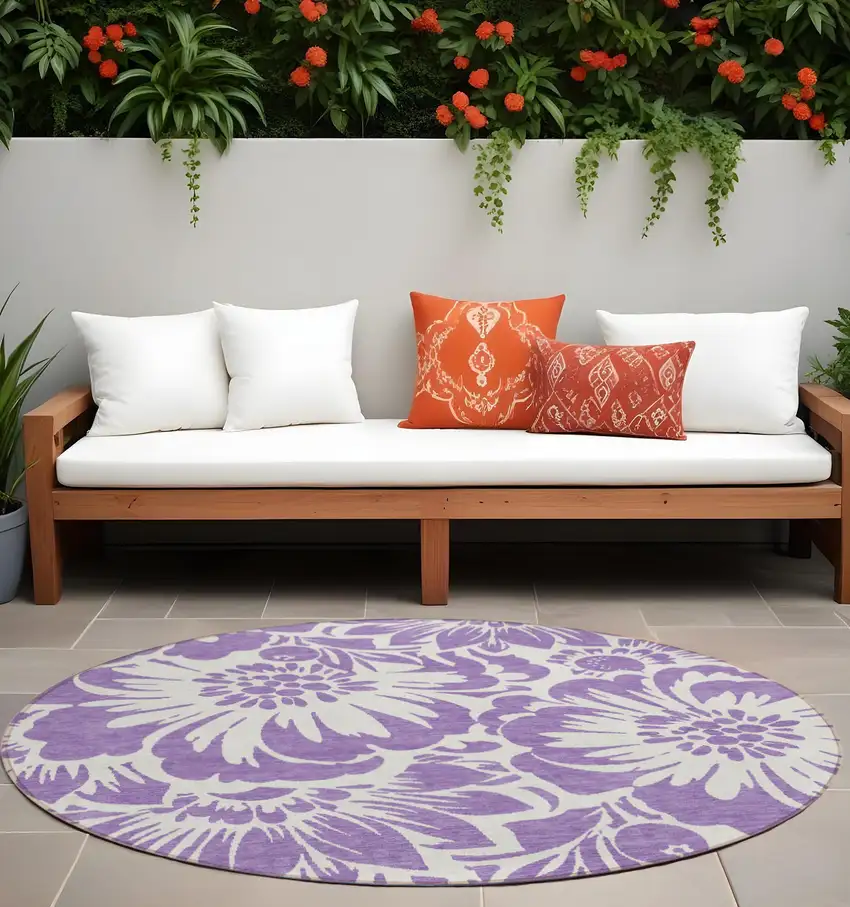 Purple and Ivory Round Floral Washable Non Skid Indoor Outdoor Area Rug Photo 1