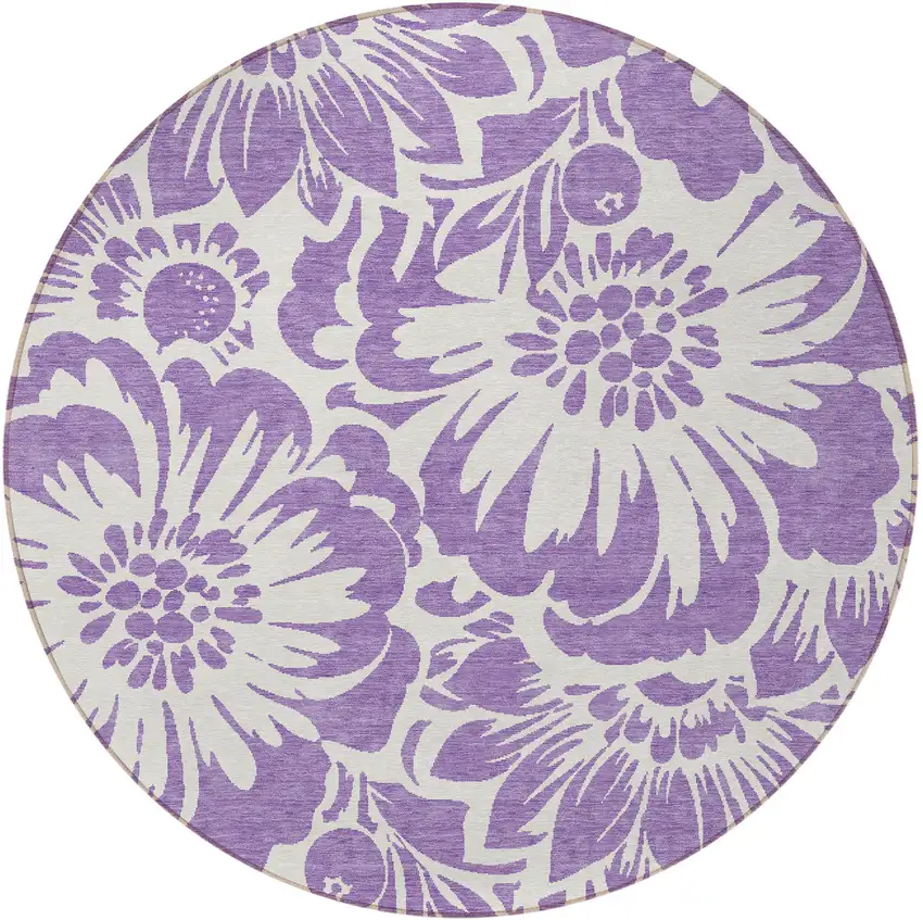 8' Round Purple and Ivory Round Floral Washable Non Skid Indoor Outdoor Area Rug Photo 3