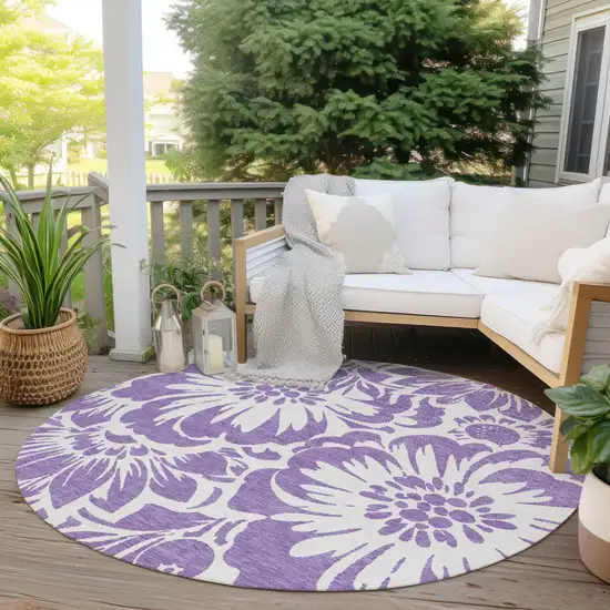 Purple and Ivory Round Floral Washable Non Skid Indoor Outdoor Area Rug Photo 6