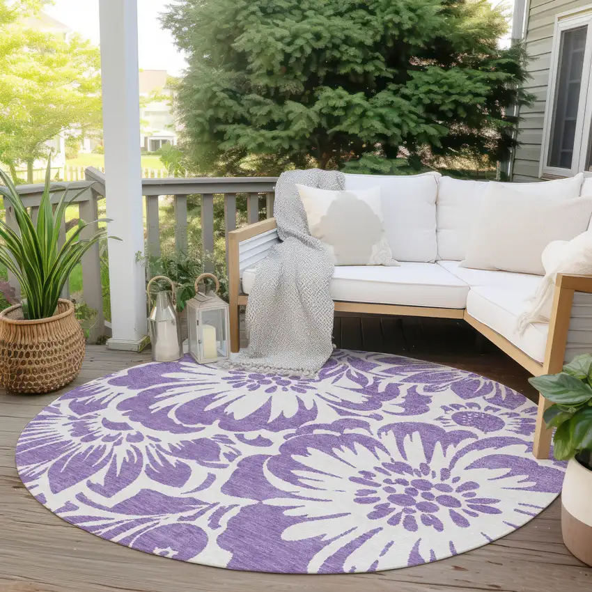 Purple and Ivory Round Floral Washable Non Skid Indoor Outdoor Area Rug Photo 6
