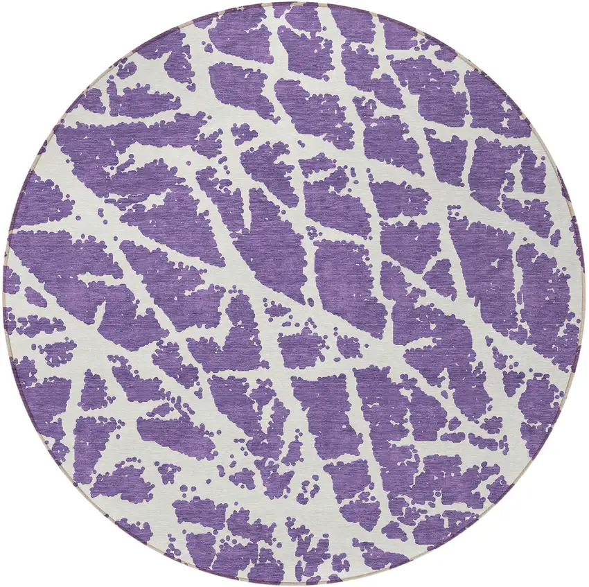 8' Round Purple and White Round Abstract Washable Non Skid Indoor Outdoor Area Rug Photo 4
