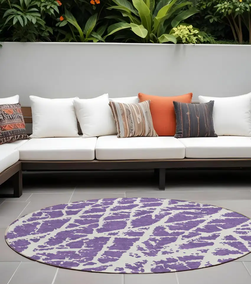 8' Round Purple and White Round Abstract Washable Non Skid Indoor Outdoor Area Rug Photo 1