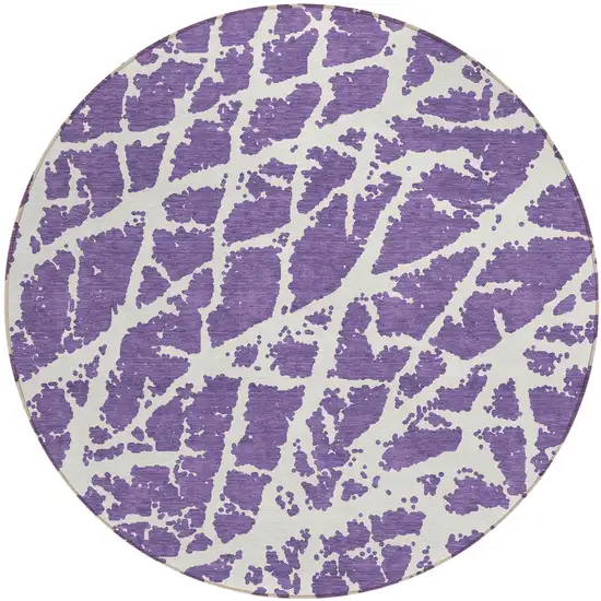 8' Round Purple and White Round Abstract Washable Non Skid Indoor Outdoor Area Rug Photo 2