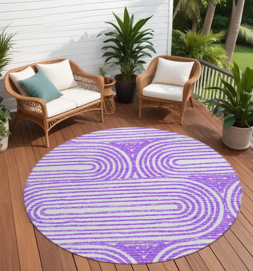 8' Round Purple and White Round Abstract Washable Non Skid Indoor Outdoor Area Rug Photo 1