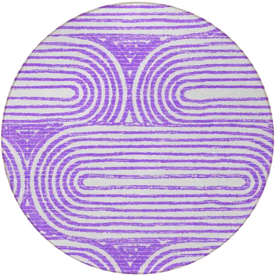 Purple and White Round Abstract Washable Non Skid Indoor Outdoor Area Rug Photo 5