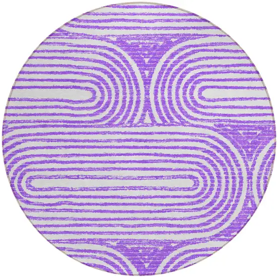 Purple and White Round Abstract Washable Non Skid Indoor Outdoor Area Rug Photo 2