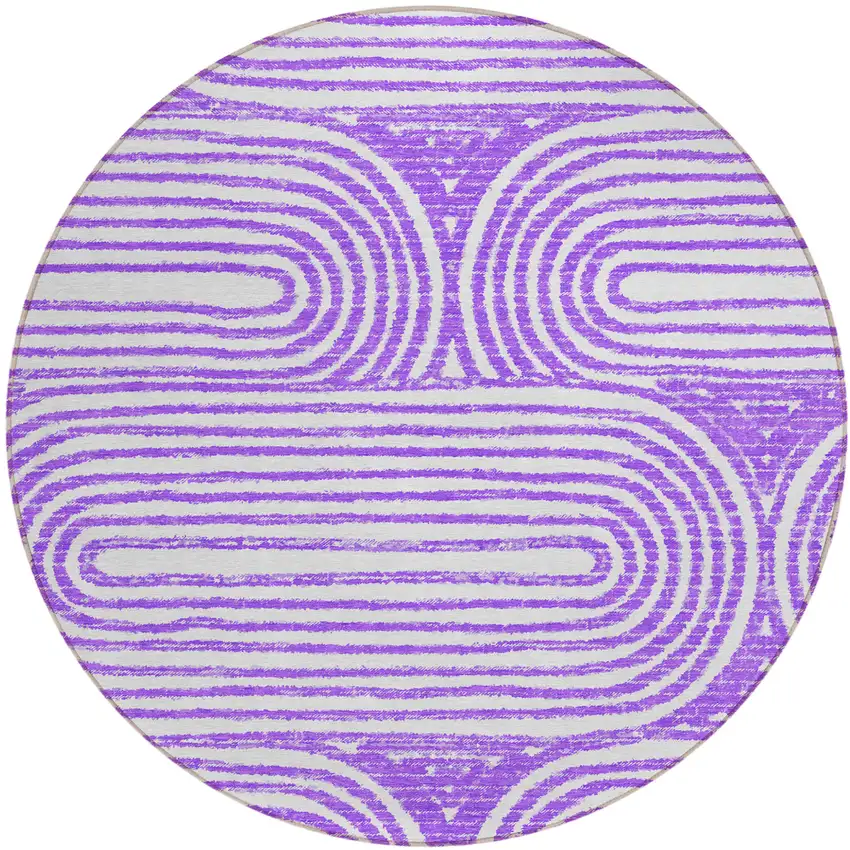 Purple and White Round Abstract Washable Non Skid Indoor Outdoor Area Rug Photo 2