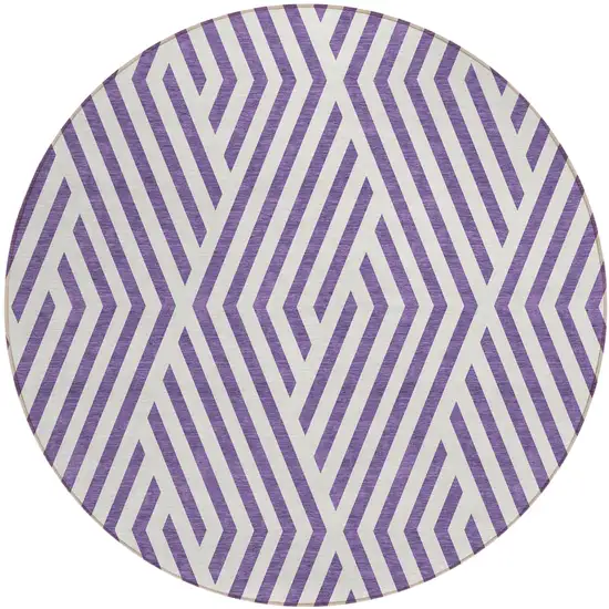 8' Round Purple and White Round Geometric Washable Non Skid Indoor Outdoor Area Rug Photo 2