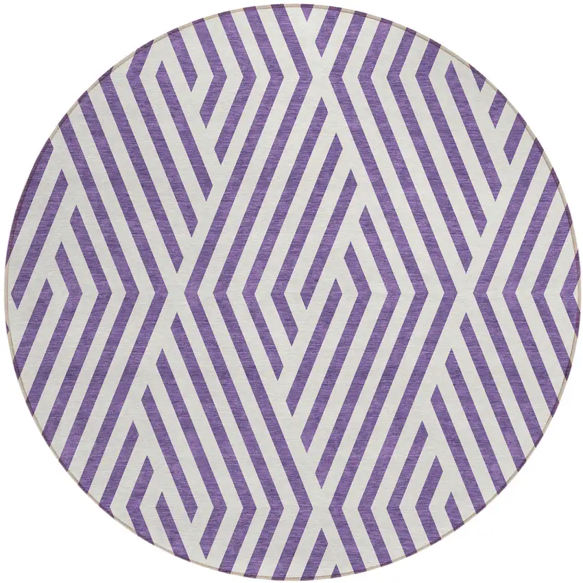 8' Round Purple and White Round Geometric Washable Non Skid Indoor Outdoor Area Rug Photo 2