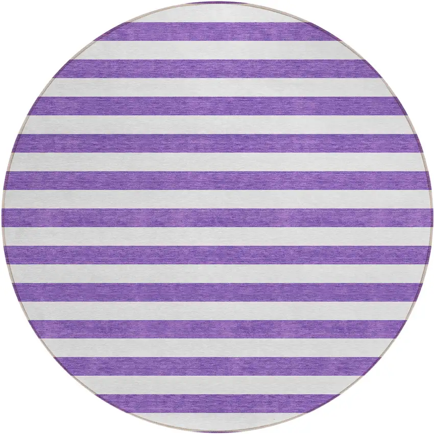Purple and White Round Striped Washable Non Skid Indoor Outdoor Area Rug Photo 2