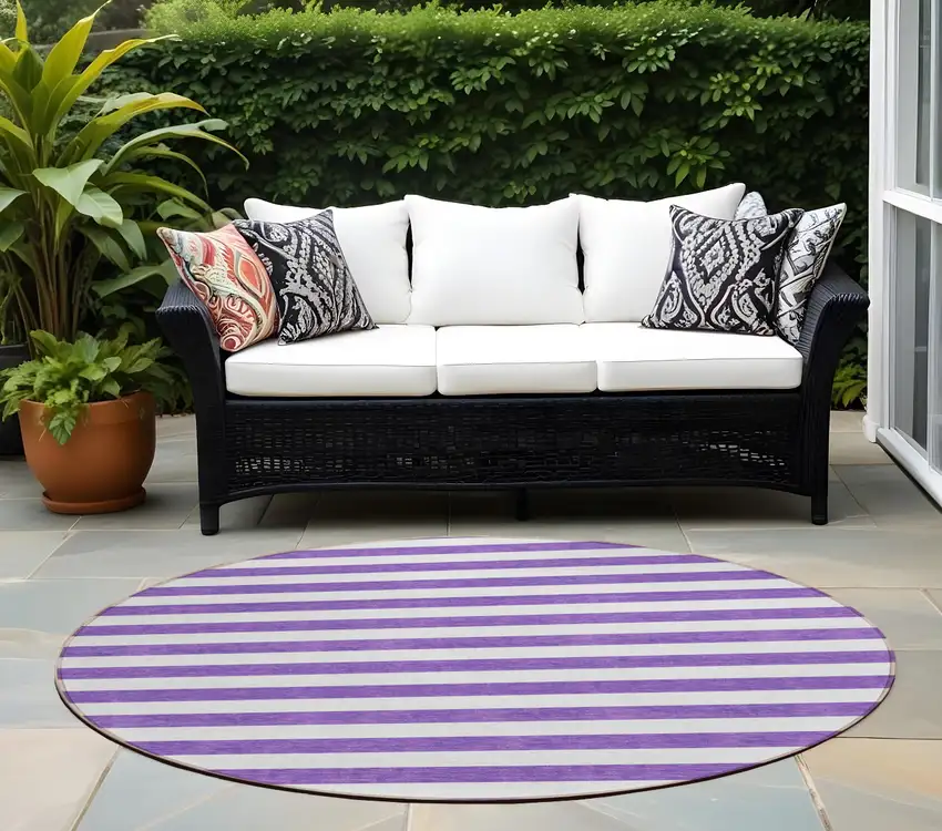 Purple and White Round Striped Washable Non Skid Indoor Outdoor Area Rug Photo 1